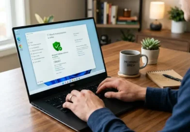 A person using a Windows laptop showing the Microsoft Defender Antivirus dashboard in a home office setting.
