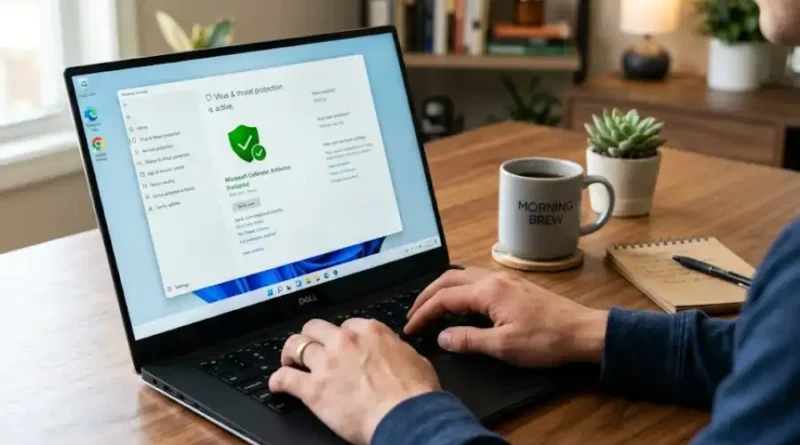 Antivirus Software for Windows PC: What Really Works in 2026 1 A person using a Windows laptop showing the Microsoft Defender Antivirus dashboard in a home office setting.