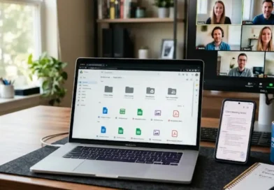 A remote team member working on a laptop displaying a cloud storage dashboard with shared folders, while a second screen shows a video call with distributed team members collaborating across different locations.