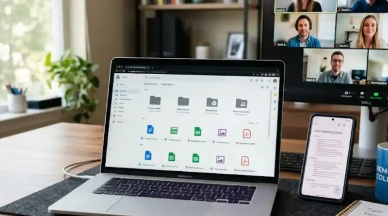 A remote team member working on a laptop displaying a cloud storage dashboard with shared folders, while a second screen shows a video call with distributed team members collaborating across different locations.