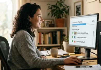 A person recovering deleted files on a PC using file recovery software, with a progress bar showing recovered documents on the monitor screen.