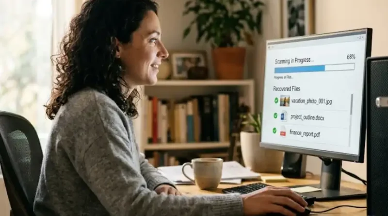Best File Recovery Software for PC in 2026 (Free and Paid) 1 A person recovering deleted files on a PC using file recovery software, with a progress bar showing recovered documents on the monitor screen.