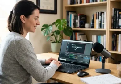 A person recording a screen tutorial on a laptop with a USB microphone on the desk in a home office setting.