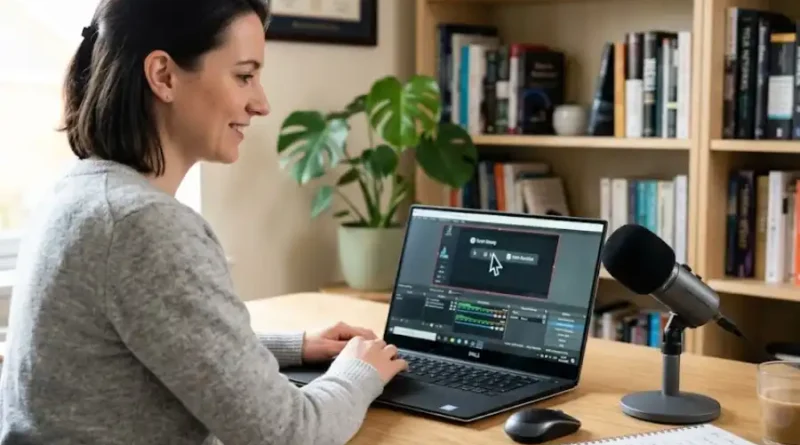 A person recording a screen tutorial on a laptop with a USB microphone on the desk in a home office setting.
