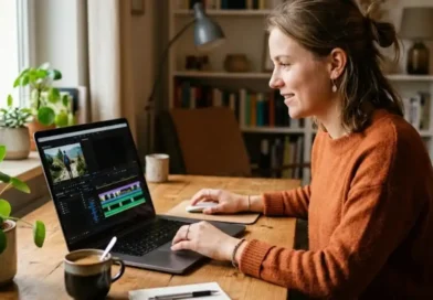 A beginner editing a video on a laptop at a clean home desk with natural light, representing easy-to-use video editing software for beginners.