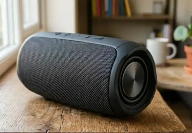 Portable Bluetooth speaker with deep bass sitting on a wooden surface with soft natural light highlighting its mesh grille and passive radiators