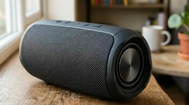 Portable Bluetooth speaker with deep bass sitting on a wooden surface with soft natural light highlighting its mesh grille and passive radiators