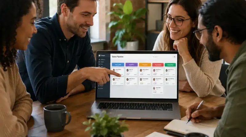 CRM Software for Small Teams: Best Tools, Honest Picks, and How to Get Started 1 Small business team reviewing CRM software on a laptop in a bright modern office workspace.