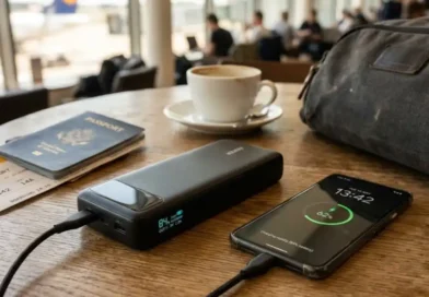 A fast charging power bank for travel connected to a smartphone via USB-C cable on an airport lounge table, with a passport and boarding pass in the background.