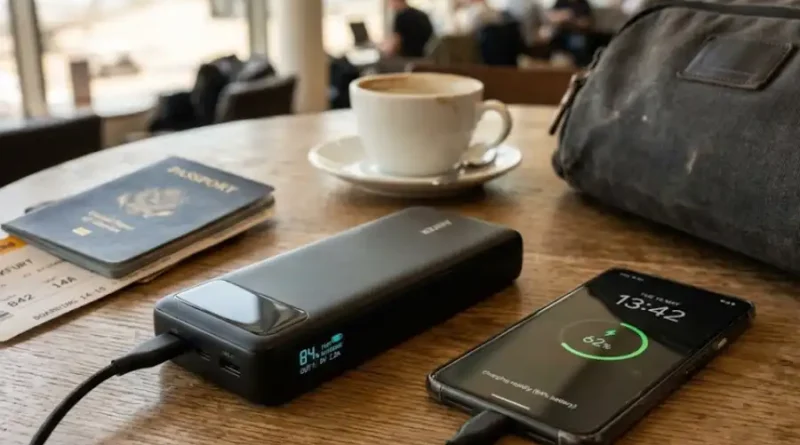 Fast Charging Power Bank for Travel: How to Choose the Right One in 2025 1 A fast charging power bank for travel connected to a smartphone via USB-C cable on an airport lounge table, with a passport and boarding pass in the background.