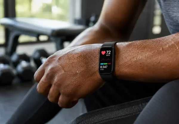 A person wearing a fitness tracker with heart rate monitor on their wrist after a workout, showing a live heart rate reading on the screen.