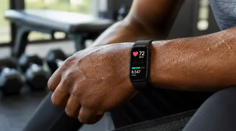 A person wearing a fitness tracker with heart rate monitor on their wrist after a workout, showing a live heart rate reading on the screen.