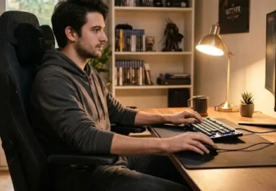 Young man sitting in an ergonomic gaming chair for long sessions at a home desk setup with proper posture and lumbar support