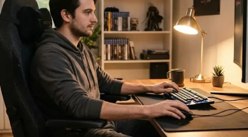 Gaming Chair for Long Sessions: What to Look For Before You Buy 1 Young man sitting in an ergonomic gaming chair for long sessions at a home desk setup with proper posture and lumbar support