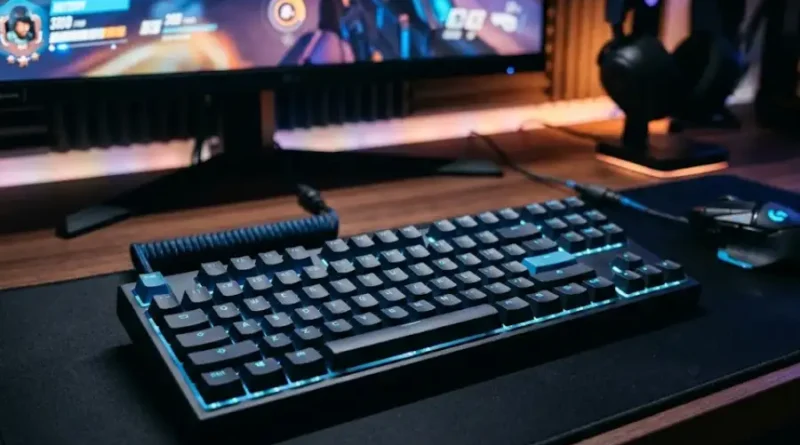 A TKL mechanical gaming keyboard with RGB lighting on a desk mat, surrounded by a gaming mouse and monitor in a competitive gaming setup.
