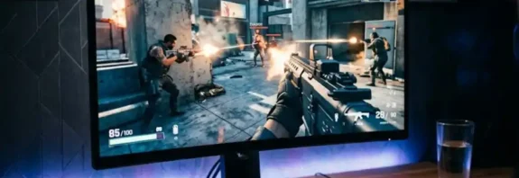 A gaming monitor with high refresh rate showing a fast-paced FPS game on a wooden desk inside a dimly lit gaming room with RGB lighting.