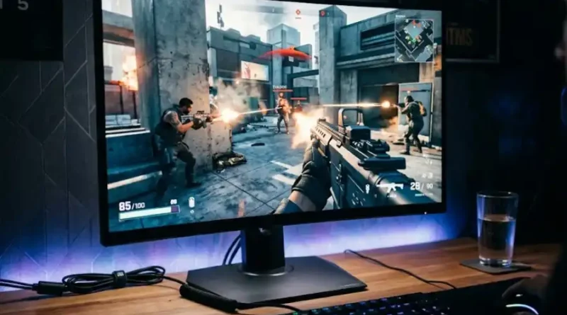A gaming monitor with high refresh rate showing a fast-paced FPS game on a wooden desk inside a dimly lit gaming room with RGB lighting.
