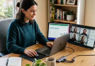 A person working on a laptop with a portable monitor set up beside it on a wooden desk in a bright home office.