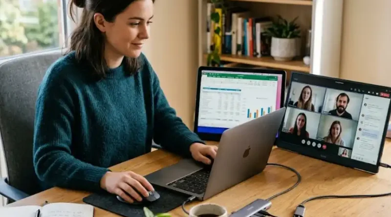A person working on a laptop with a portable monitor set up beside it on a wooden desk in a bright home office.
