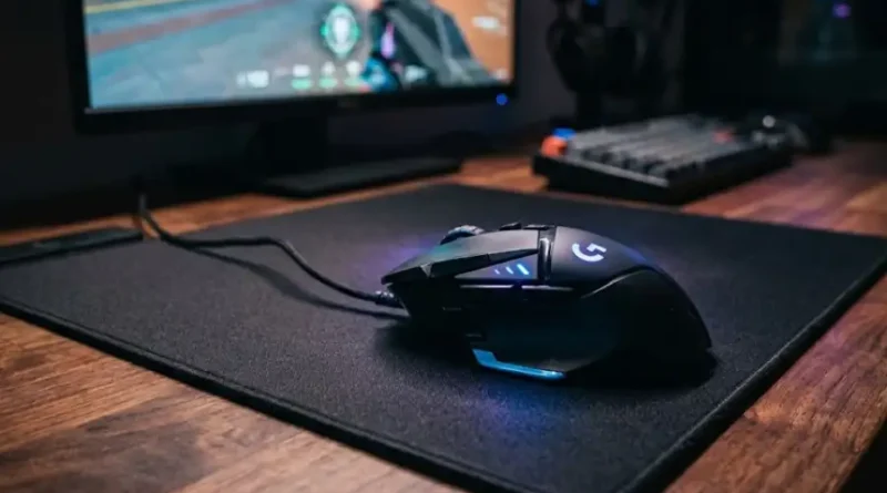 RGB gaming mouse glowing on a mousepad next to a gaming monitor showing an FPS game