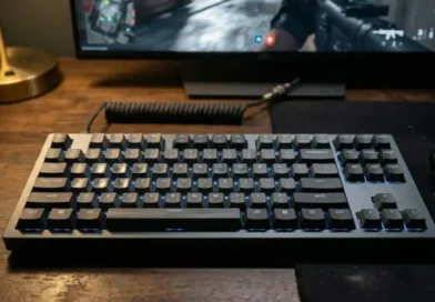 A mechanical keyboard with RGB lighting on a gaming desk setup used for esports