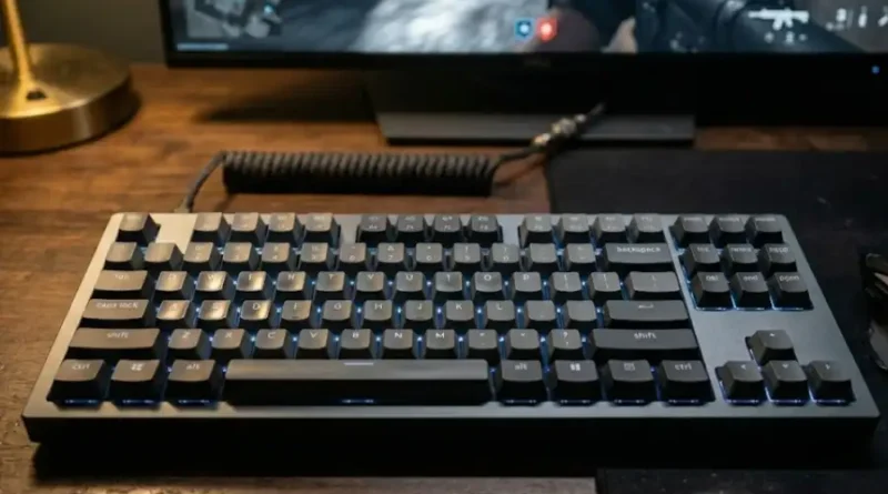 A mechanical keyboard with RGB lighting on a gaming desk setup used for esports