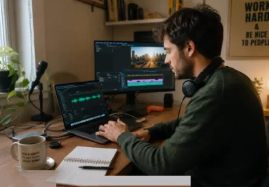 A content creator using an AI voice generator tool on a laptop to produce audio for video content at a home desk setup.