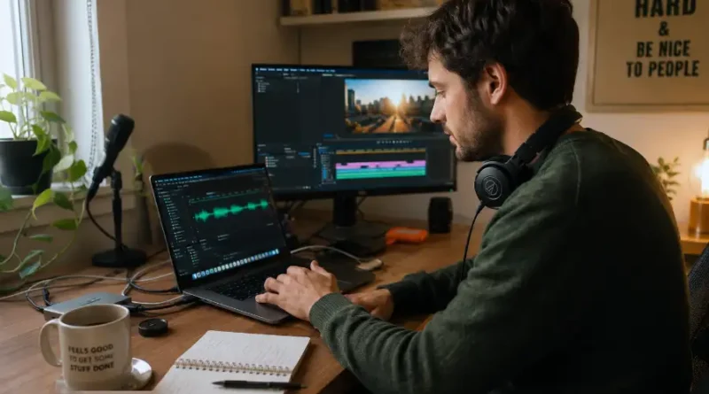AI Voice Generator for Content Creation: What Works, What Does Not, and Which Tools Are Worth It 1 A content creator using an AI voice generator tool on a laptop to produce audio for video content at a home desk setup.