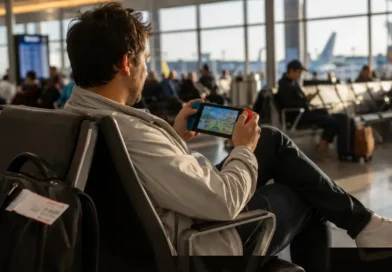 A traveler playing a handheld gaming console while waiting at an airport departure lounge with carry-on luggage nearby.