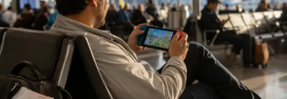 A traveler playing a handheld gaming console while waiting at an airport departure lounge with carry-on luggage nearby.