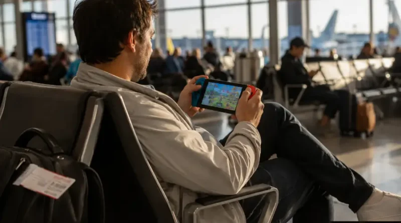 Best Handheld Gaming Console for Travel in 2026: Honest Picks for Every Budget 1 A traveler playing a handheld gaming console while waiting at an airport departure lounge with carry-on luggage nearby.