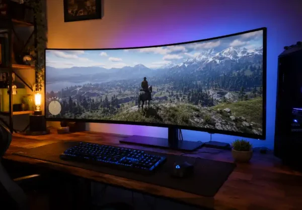 A curved ultrawide monitor for immersive gaming displaying a wide open-world landscape on a gaming desk with RGB lighting, mechanical keyboard, and gaming mouse.