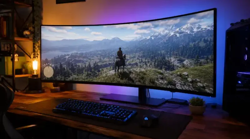 A curved ultrawide monitor for immersive gaming displaying a wide open-world landscape on a gaming desk with RGB lighting, mechanical keyboard, and gaming mouse.